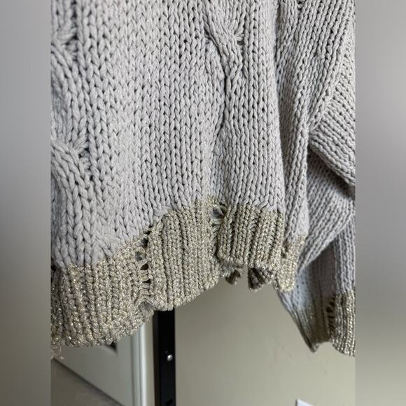 MOTH Anthropologie Chunky Knit Cropped Hoodie Sweater Gray Gold Hem Womens Small - Picture 2 of 7